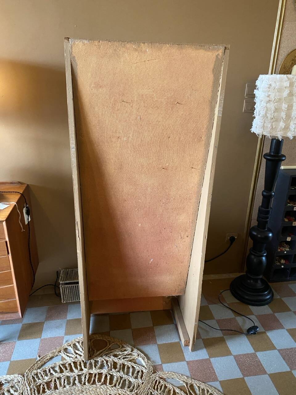 Painted wooden display shelf with an incline