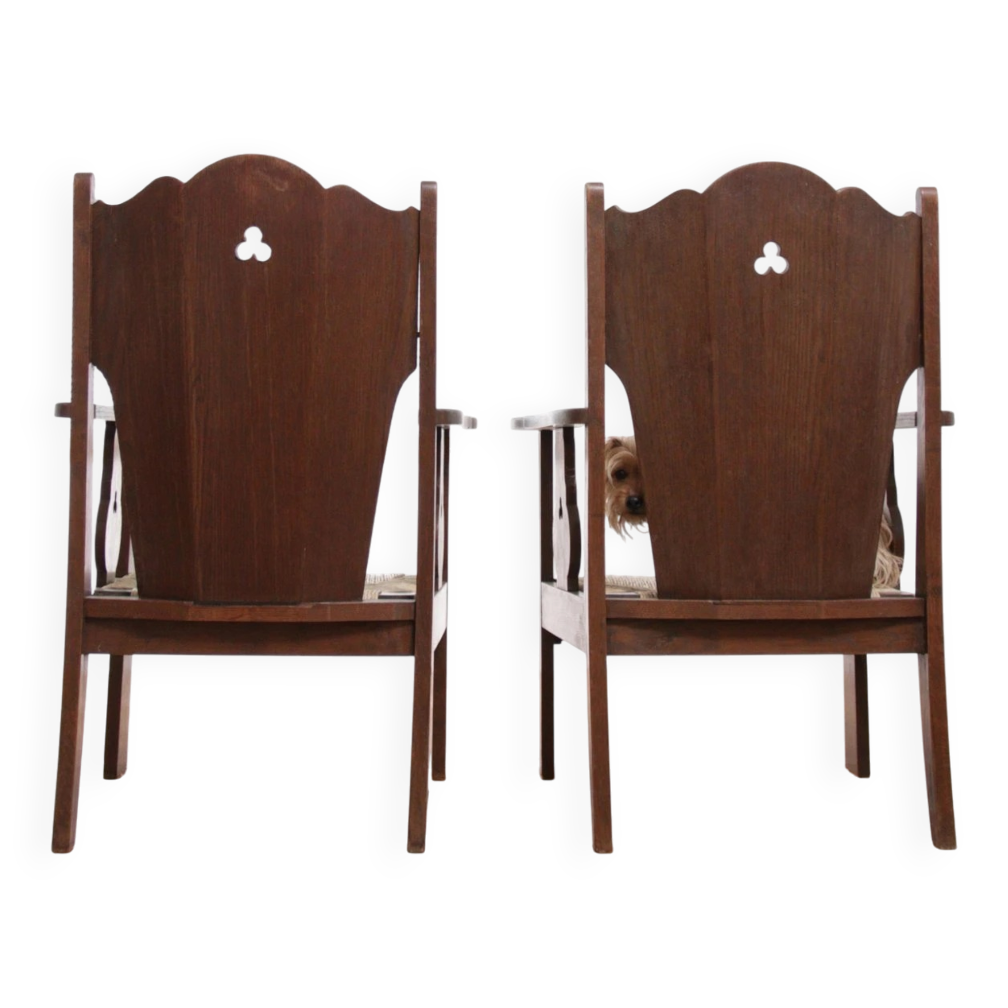 Pair of low Brutalist oak lounge chairs with new rush seats – circa 1935