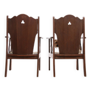 Pair of low Brutalist oak lounge chairs with new rush seats – circa 1935
