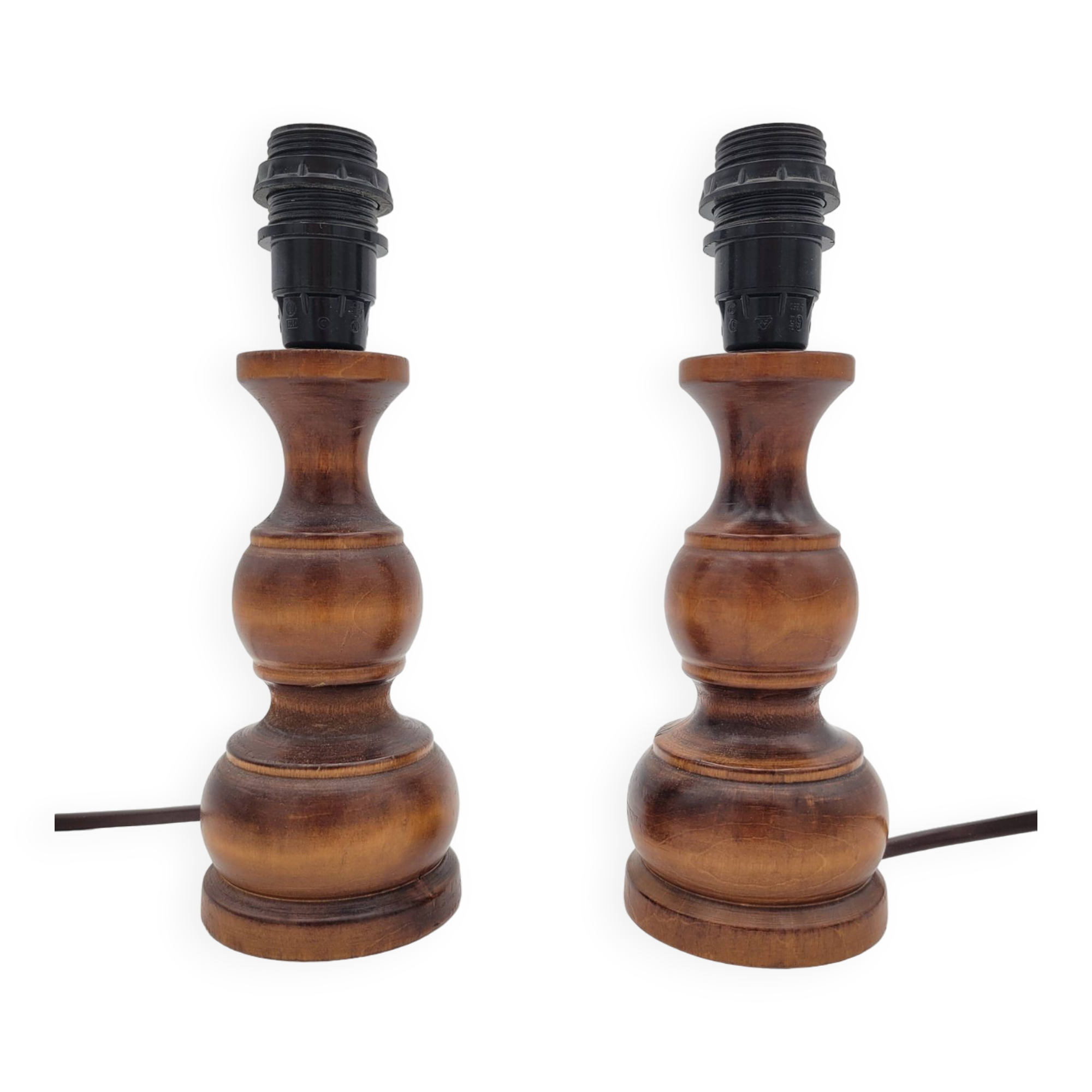 Pair of turned wooden bedside lamps