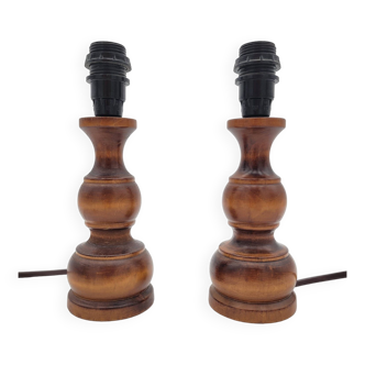 Pair of turned wooden bedside lamps