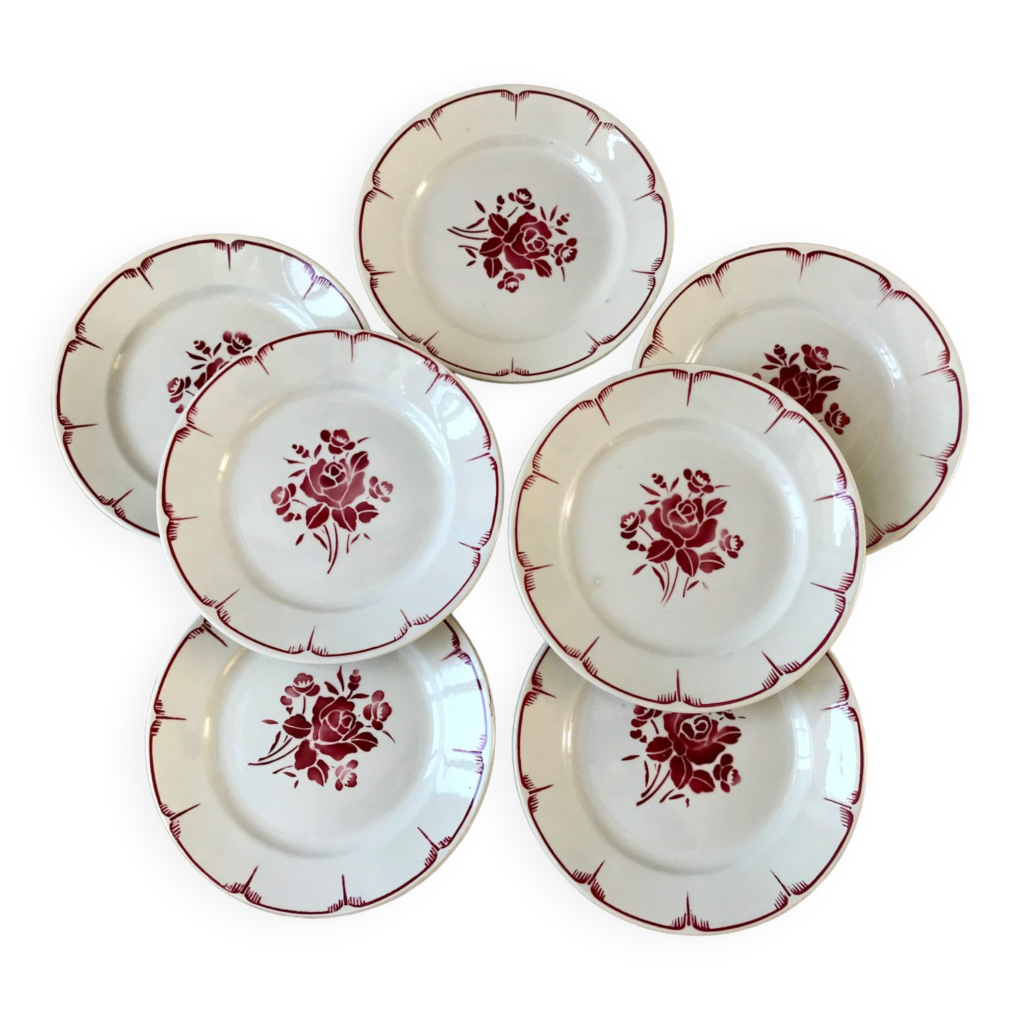 set of 7 flat plates FB Badonviller pinks years 30-40