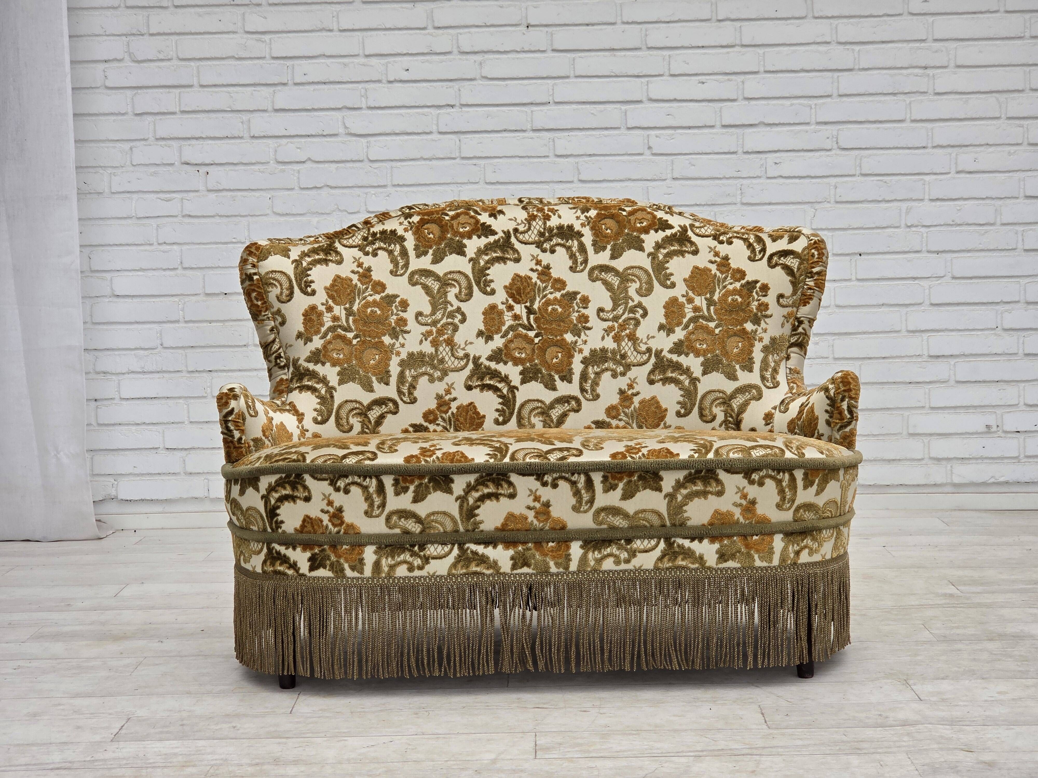 1970s, small 2-seater Danish sofa, brown/beige furniture fabric.