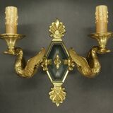 Pair of Empire style swan wall lights from Petitot - bronze & green patina