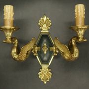 Pair of Empire style wall sconces with swans by Petitot - bronze & green patina