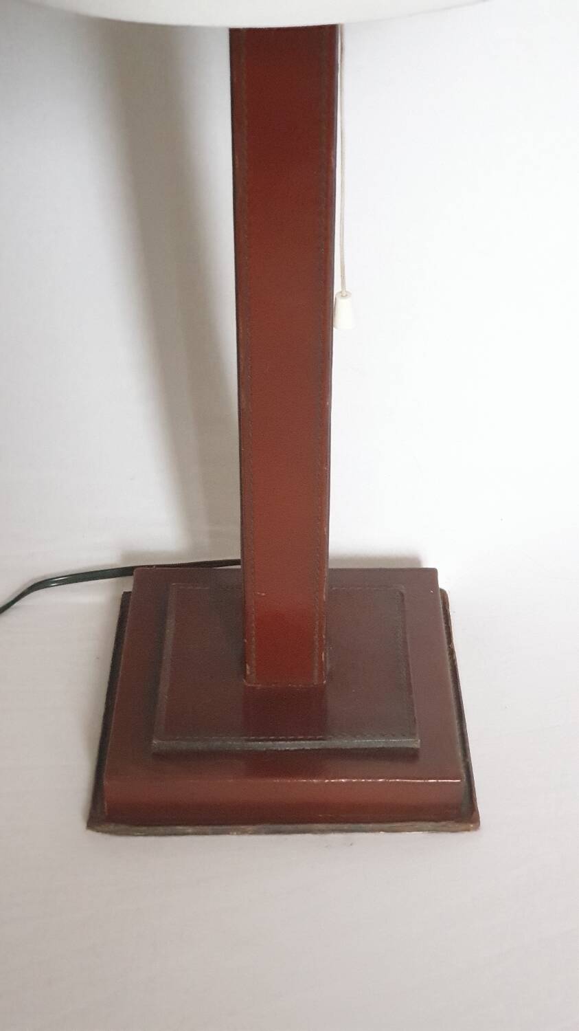 Leather lamp, saddle-stitched, 1960s vintage France.