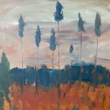 Peinture à l’huile de paysage vintage suédoise « Récolte d’automne » moderne du milieu du siècle, encadrée
