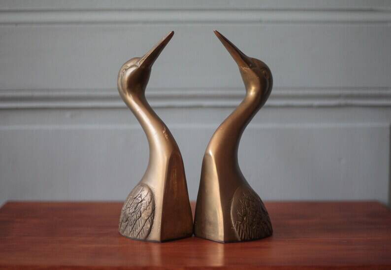 Vintage bookends, animal bookends, heron head, bird, brass sculpture, interior decor.