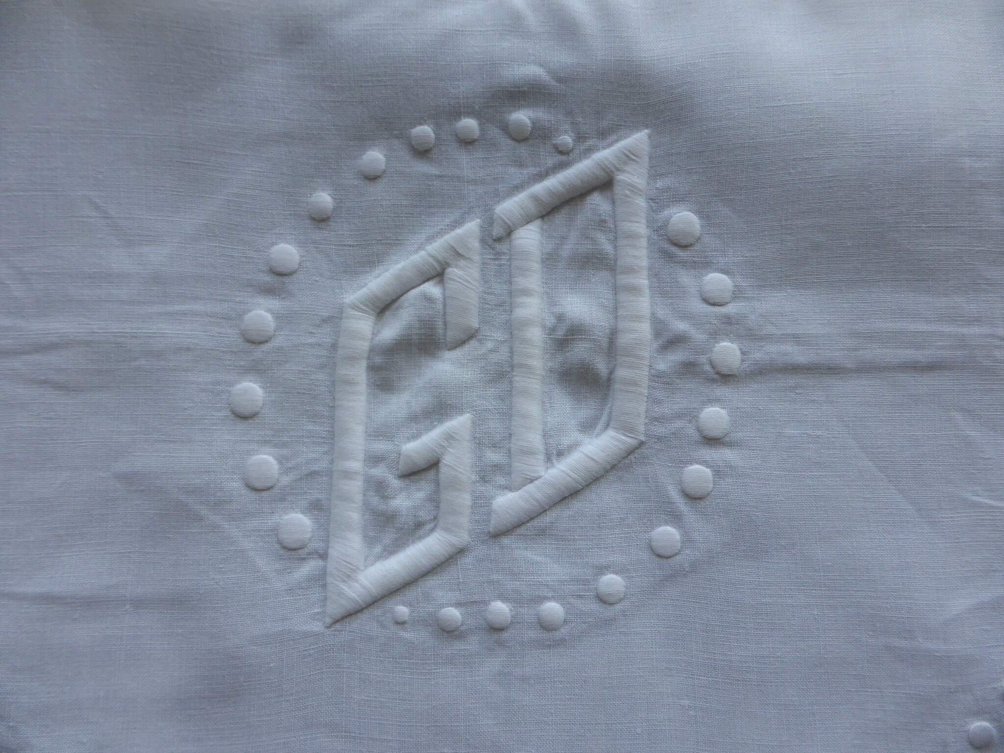 Old linen linen linen sheet embroidered with GD monogram and scale days-175x332cm