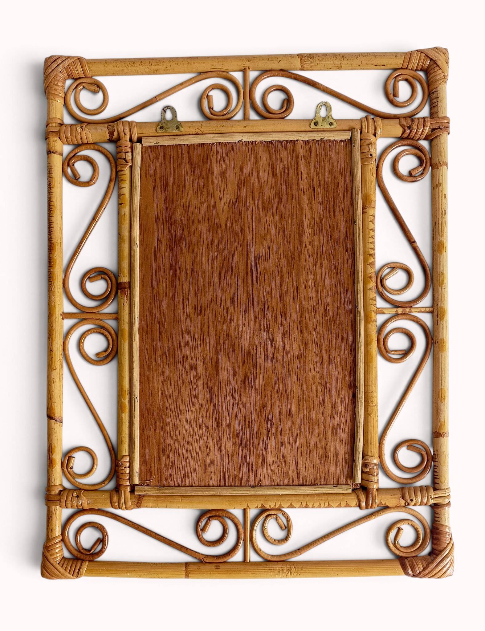 Vintage 1970s Spanish Handmade Bamboo and Rattan Wall Mirror