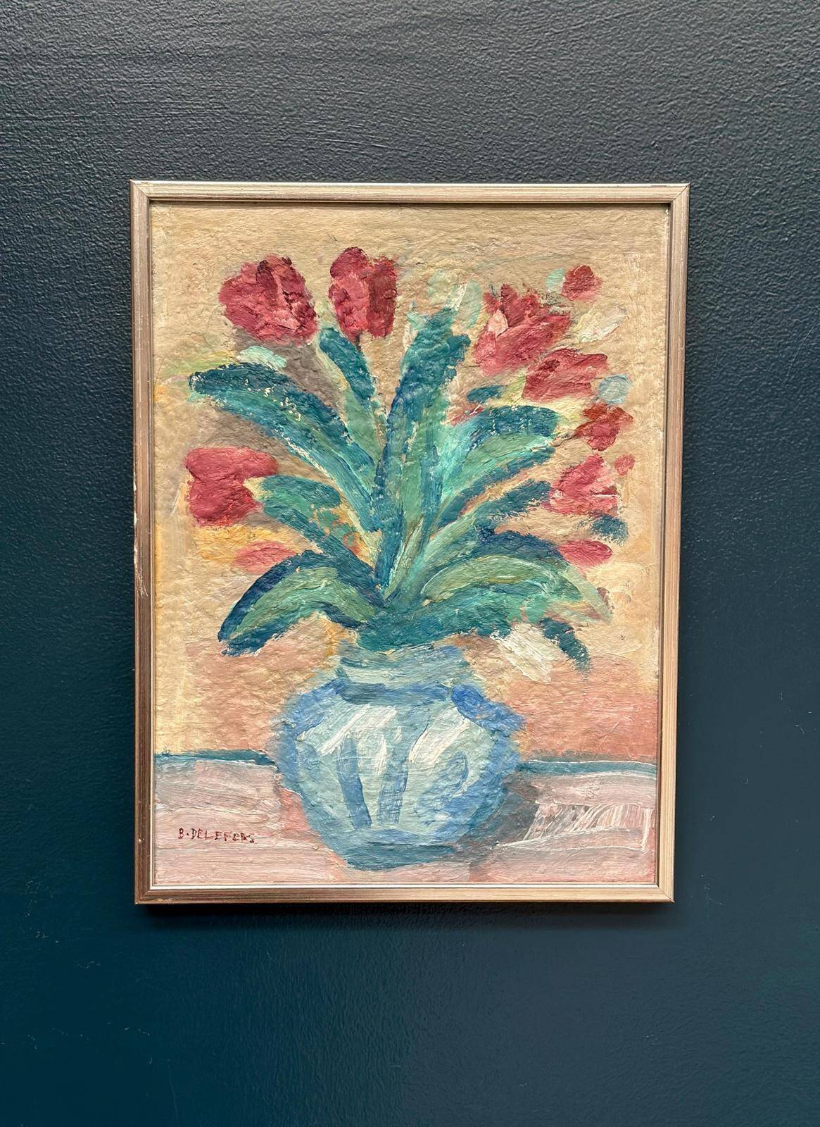 Huile sur toile suédoise du milieu du siècle – « Vase » par Bengt Delefors – Vintage et encadrée
