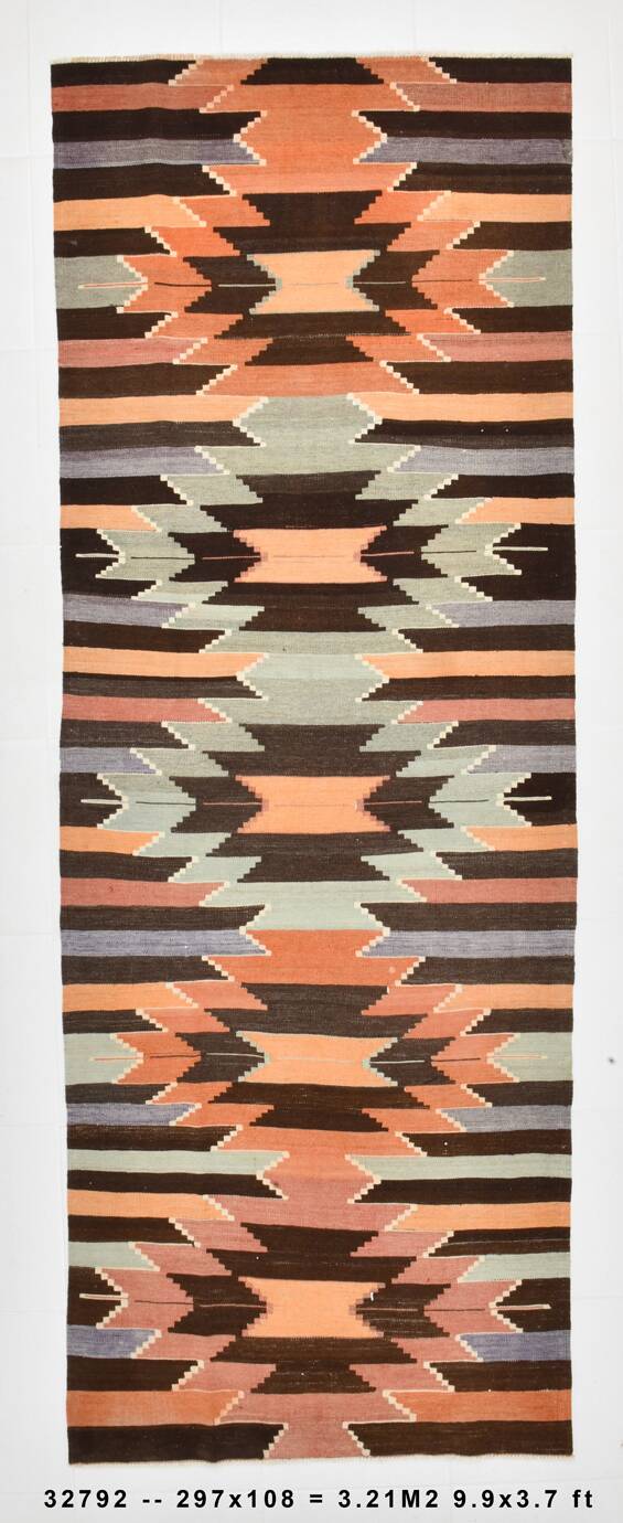 3x10 Orange  Brown Geometric Kilim Runner Rug, Handmade Wool Rug, 108x297Cm