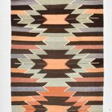 3x10 Orange  Brown Geometric Kilim Runner Rug, Handmade Wool Rug, 108x297Cm