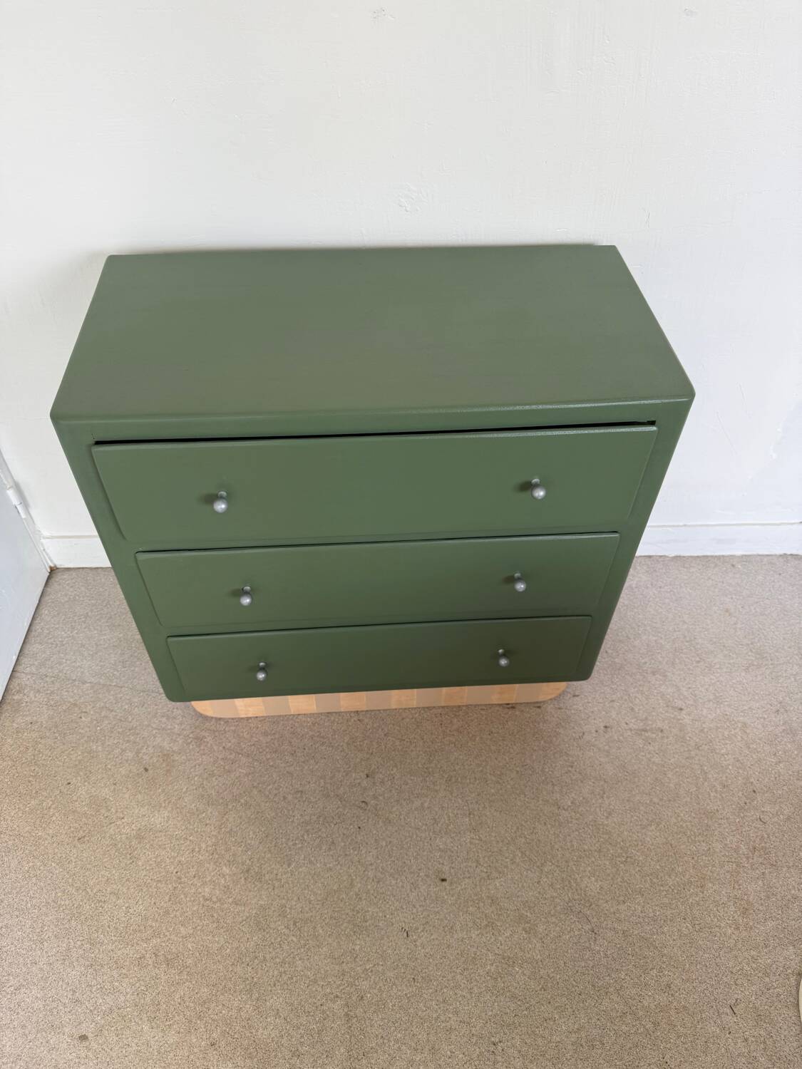 Vintage olive green chest of drawers with striped base