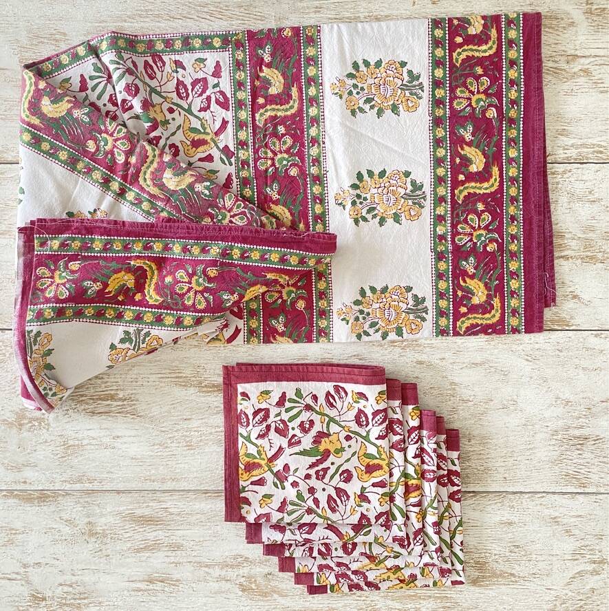 Indian tablecloth and its 6 napkins - Cotton - 220x150 cm
