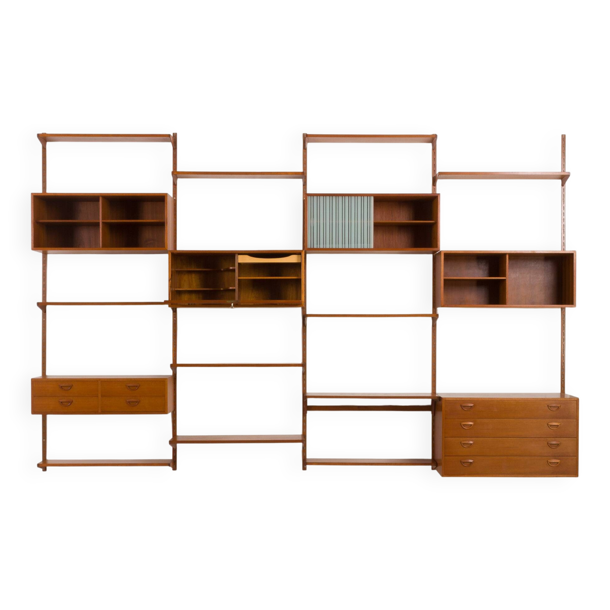 Kai Kristiansen four bay teak wall unit with a dresser, FM Mobler, Denmark