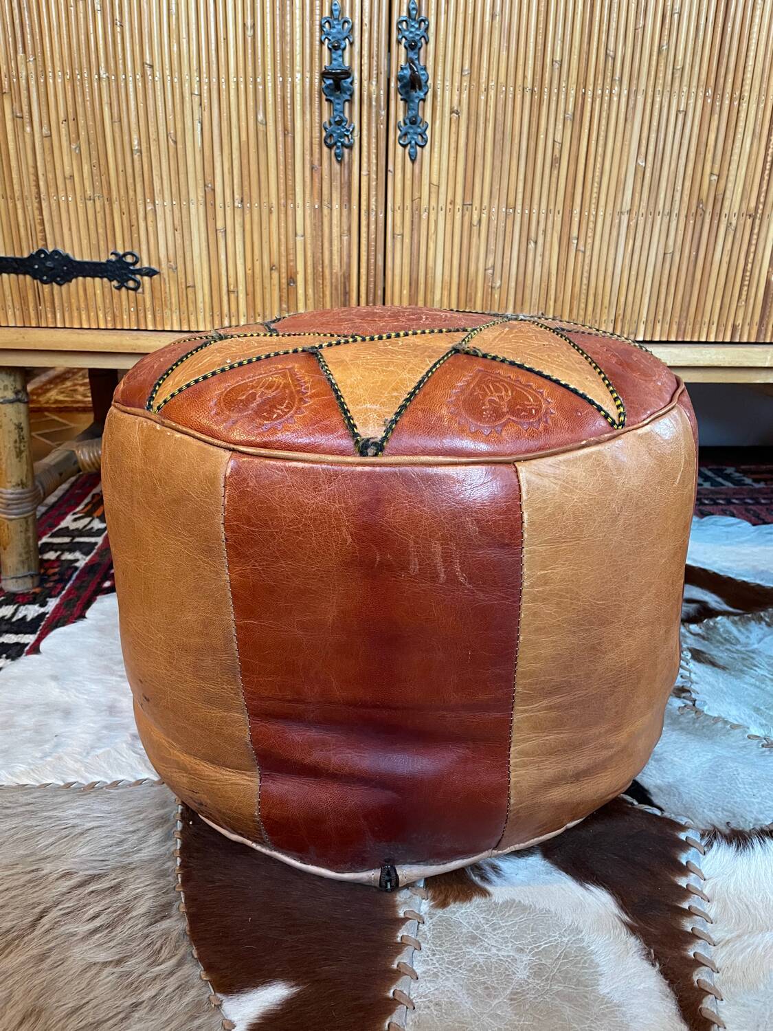 Vintage Berber leather pouf