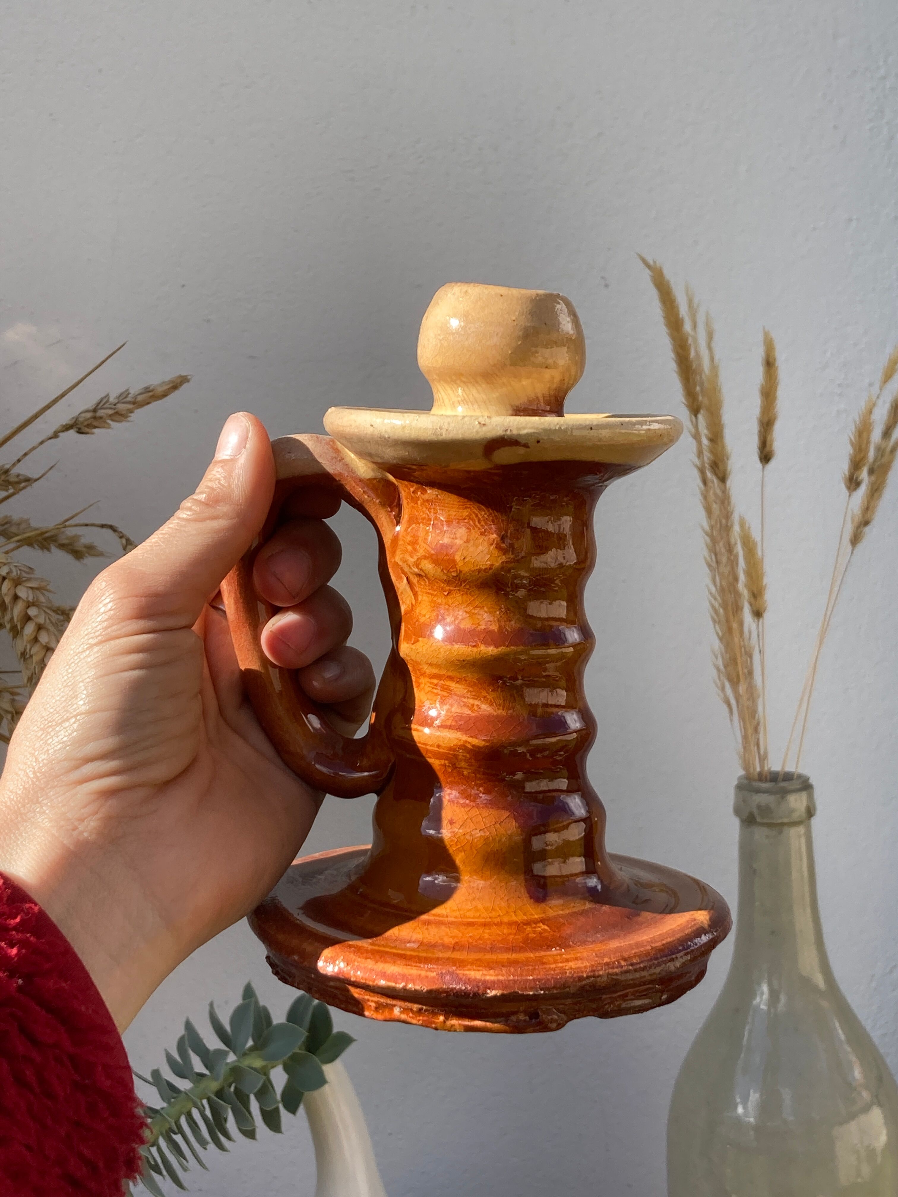 Pair of candle holder Tamegroute old terracotta enamelled brown and beige Moroccan berber