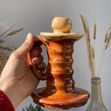 Pair of candle holder Tamegroute old terracotta enamelled brown and beige Moroccan berber