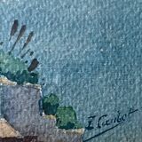 Tableau Aquarelle Paysage Marine Orientaliste (Algérie) + cadre