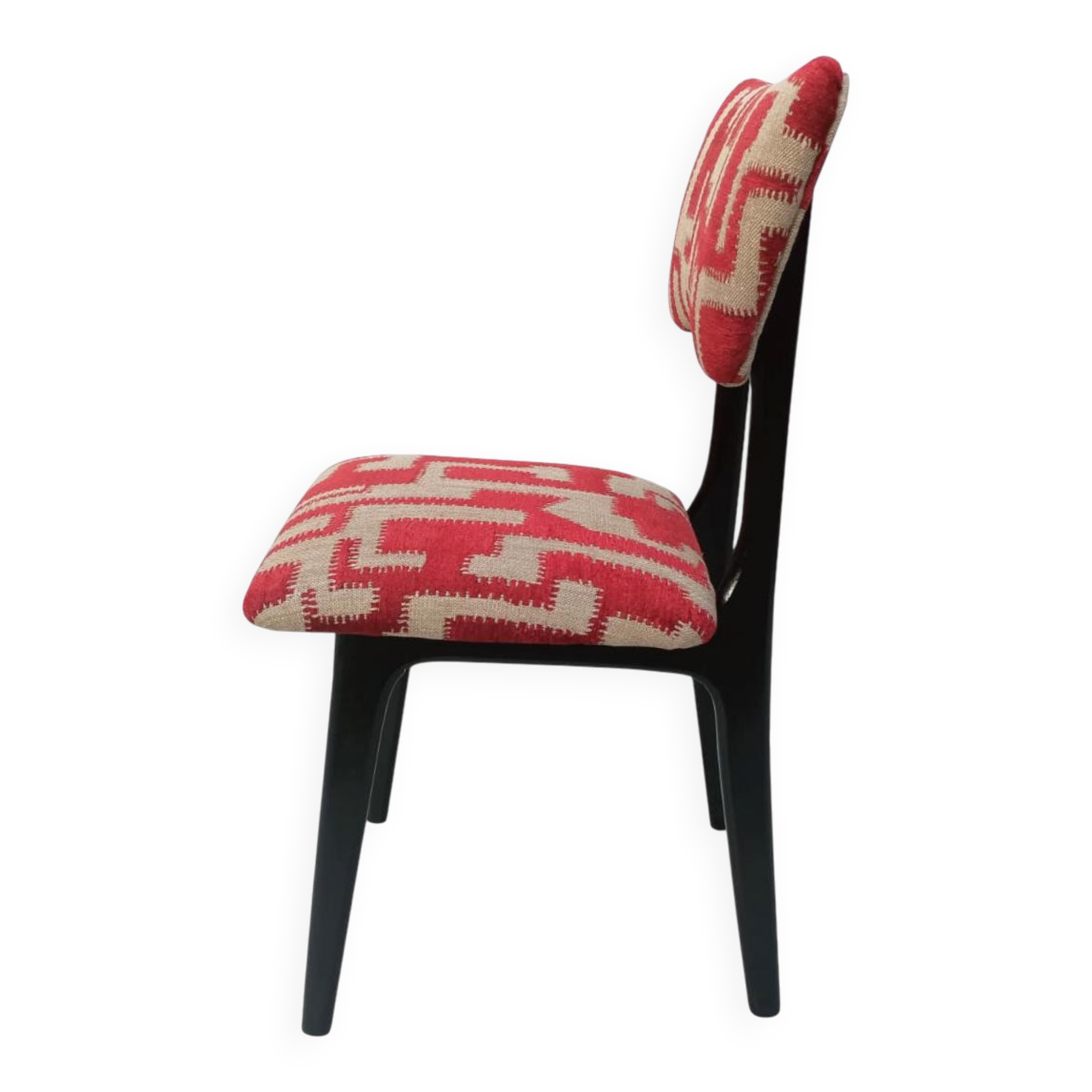 Chaise papillon du milieu du siècle, tissu jacquard rouge beige, bois noir, Europe, années 1960