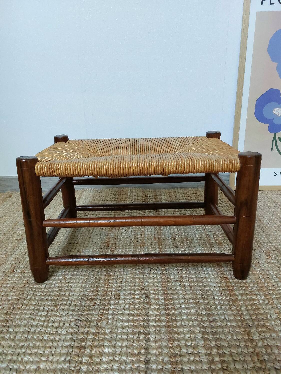 Vintage woven straw wooden stool