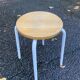 Round Scandinavian stool in solid wood and white steel 1980