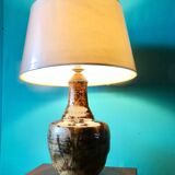 Lampe en terre cuite à glaçure et coulure brun, aucre et beige foncé. Quimper, France 1960