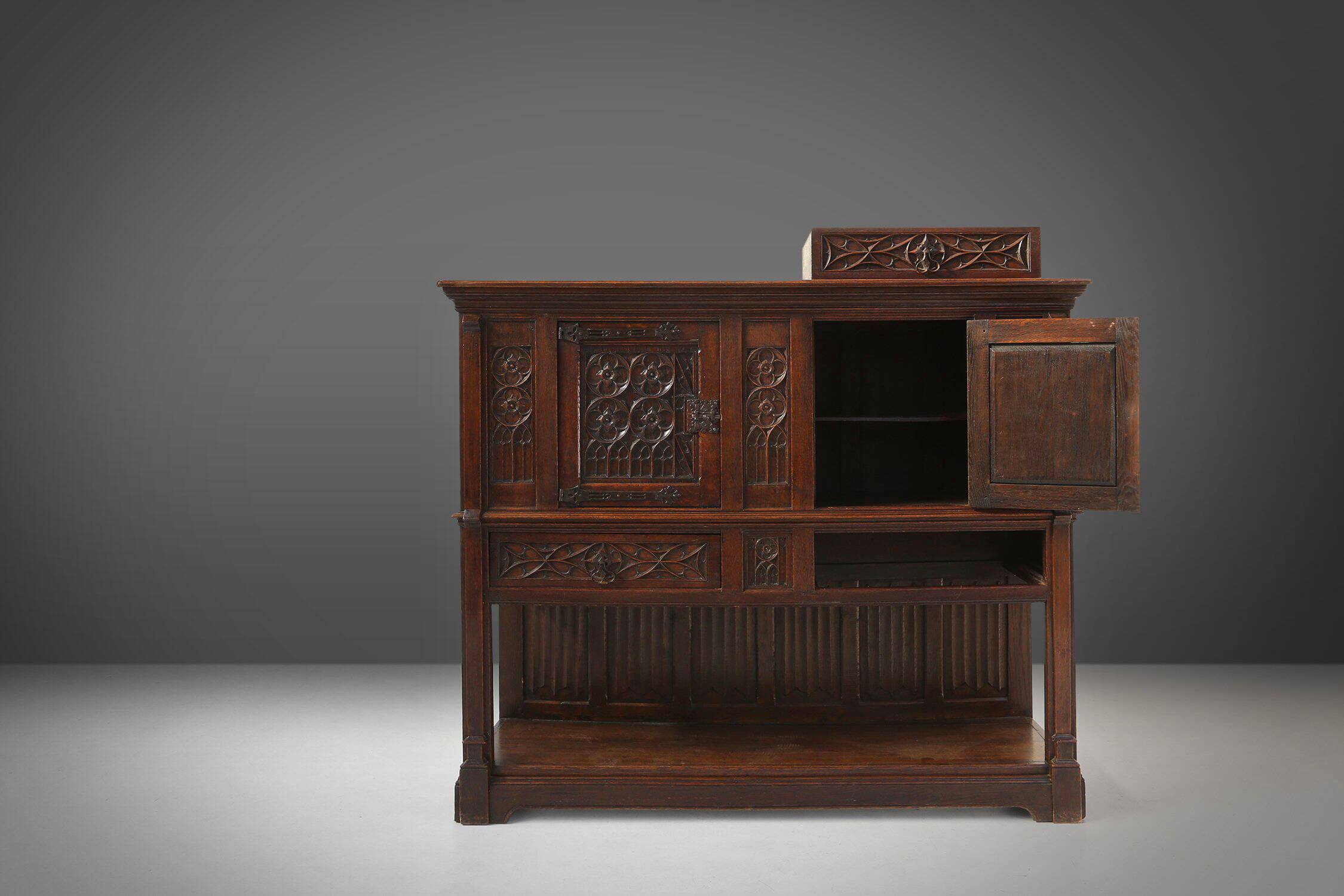 Neo-Gothic Cabinet in Oak with Rich Decorations and Hidden Storage, France
