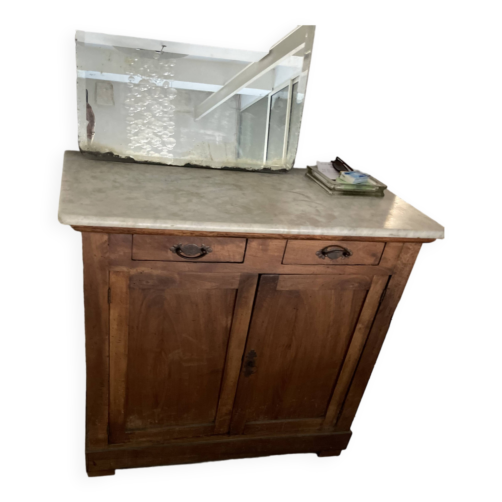 Buffet ancien commode en bois chêne et plateau marbre