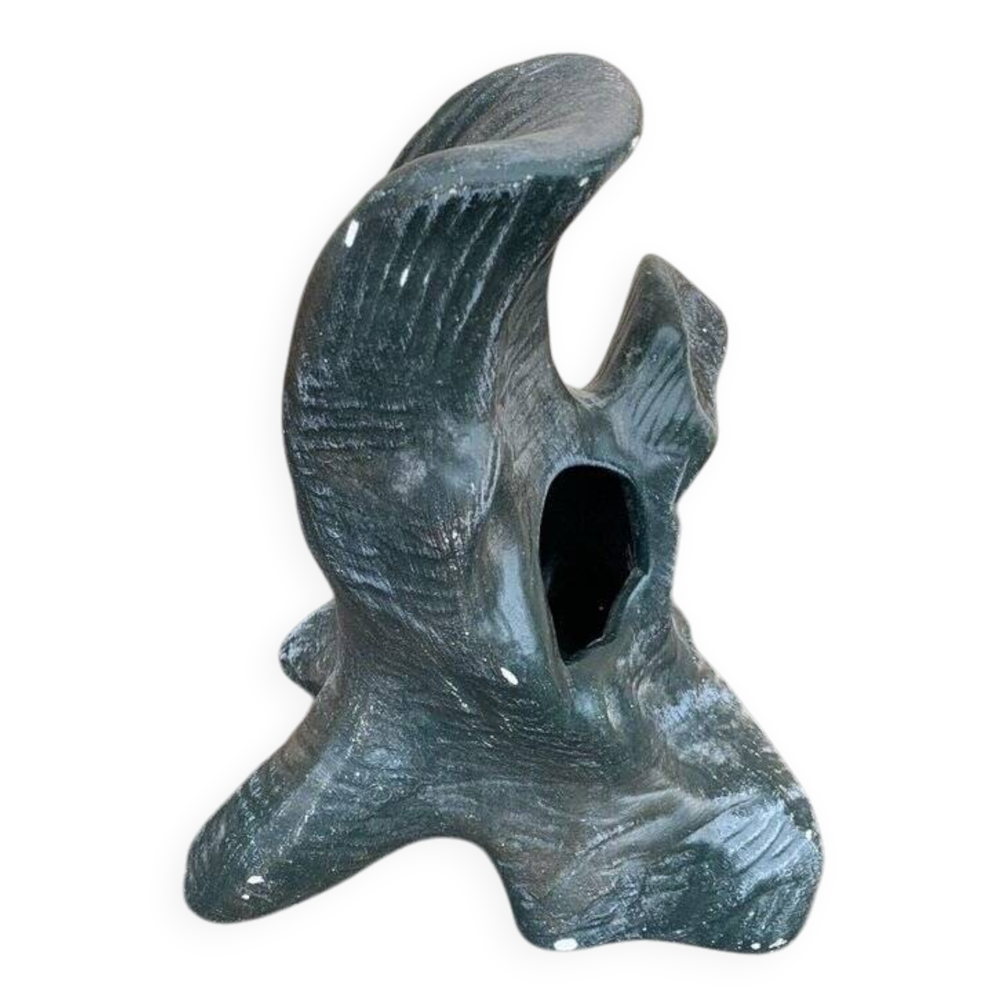 Vase brutaliste en céramique bleu sarcelle, Hongrie 1960s — silhouette sculpturale et ouverture centrale