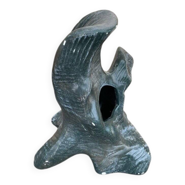 Vase brutaliste en céramique bleu sarcelle, Hongrie 1960s — silhouette sculpturale et ouverture centrale