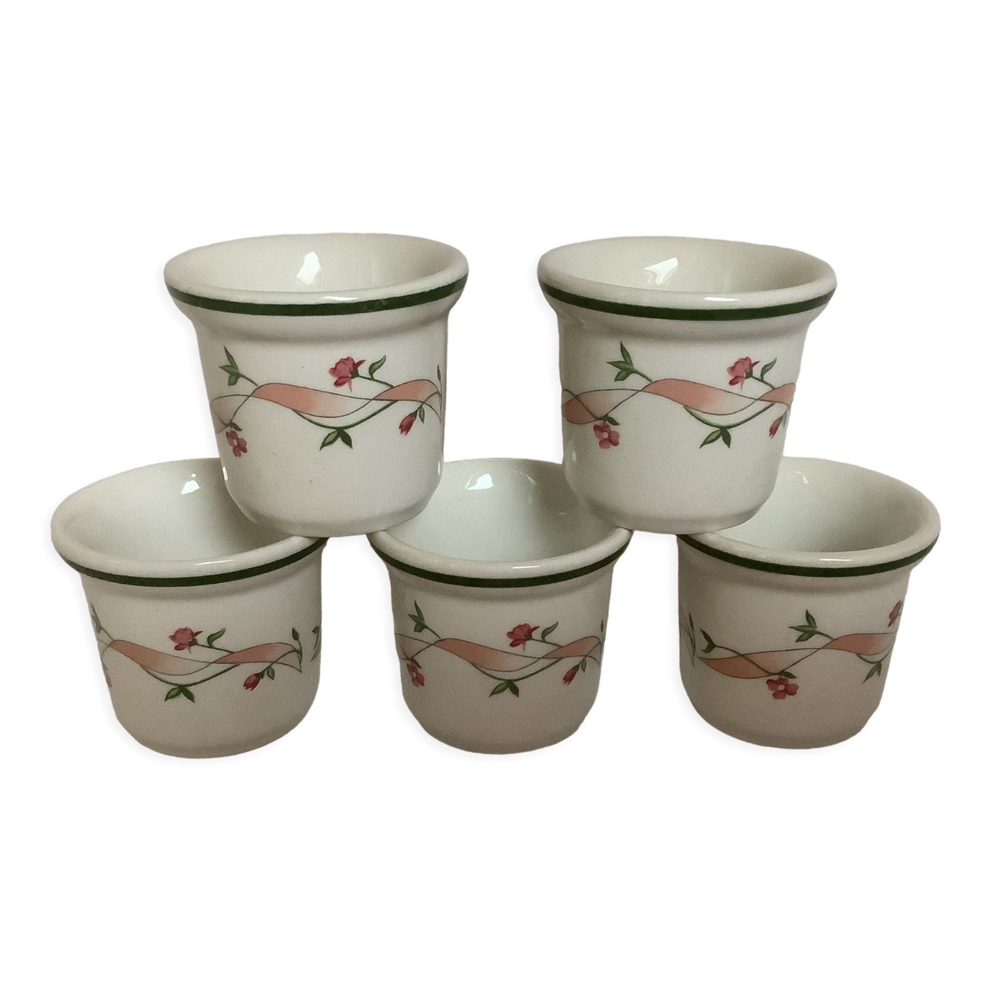 5 pink flower egg cups made in England