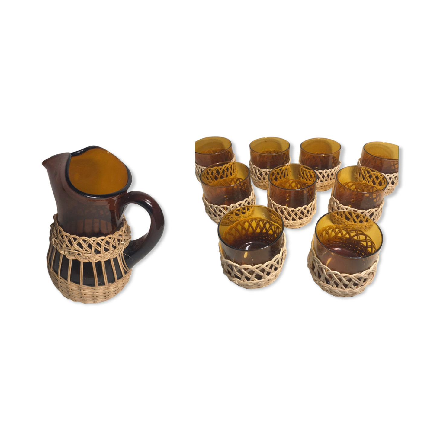 Service old juice carafe and its 9 orange glasses