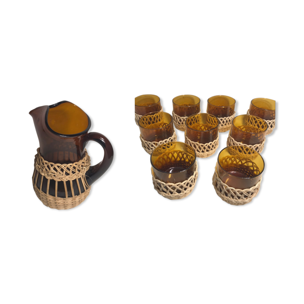 Service ancien jus carafe et ses 9 verres verre moulé orange