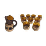 Service ancien jus carafe et ses 9 verres verre moulé orange