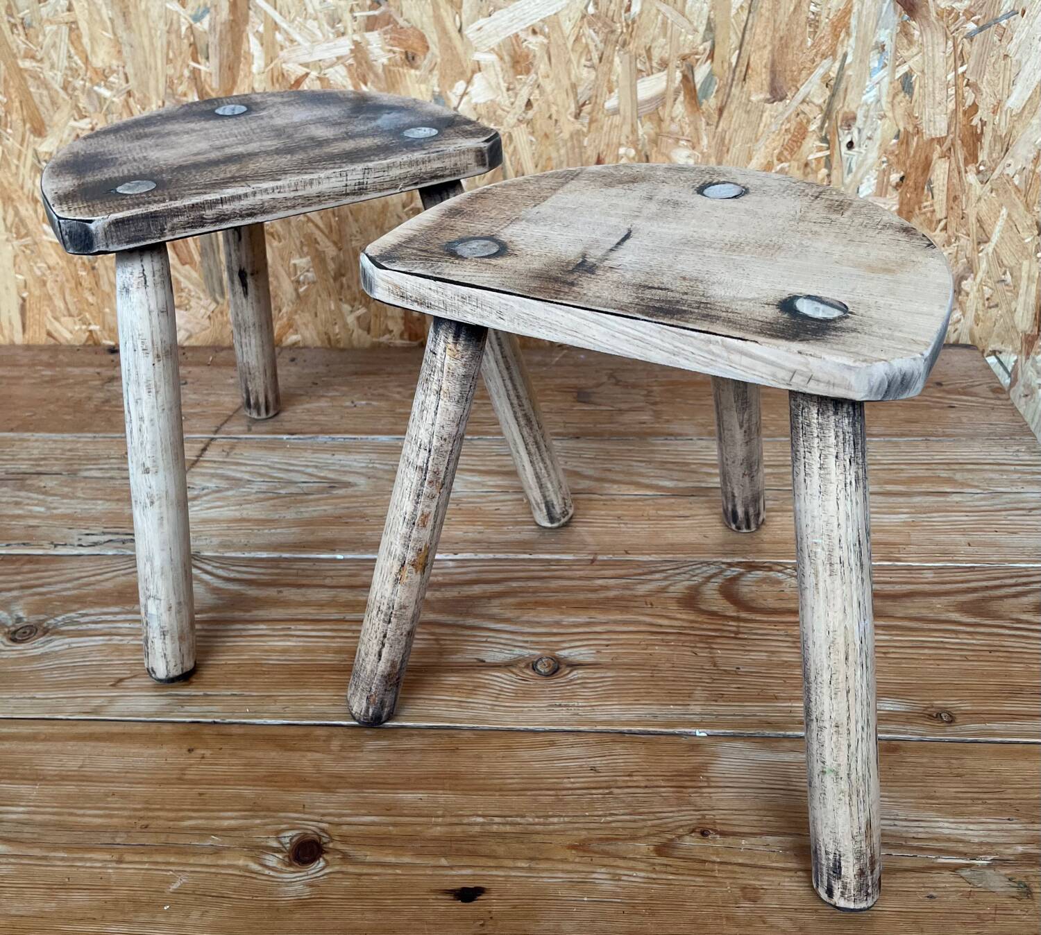 Pair of wooden tripod stools