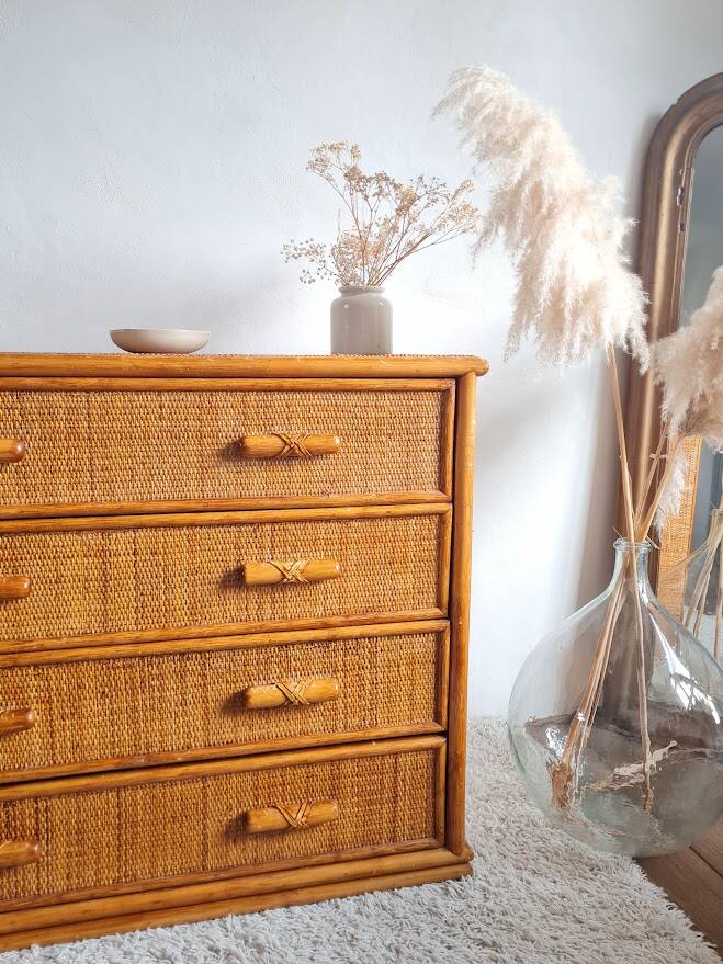 Vintage rattan chest of drawers circa 70s