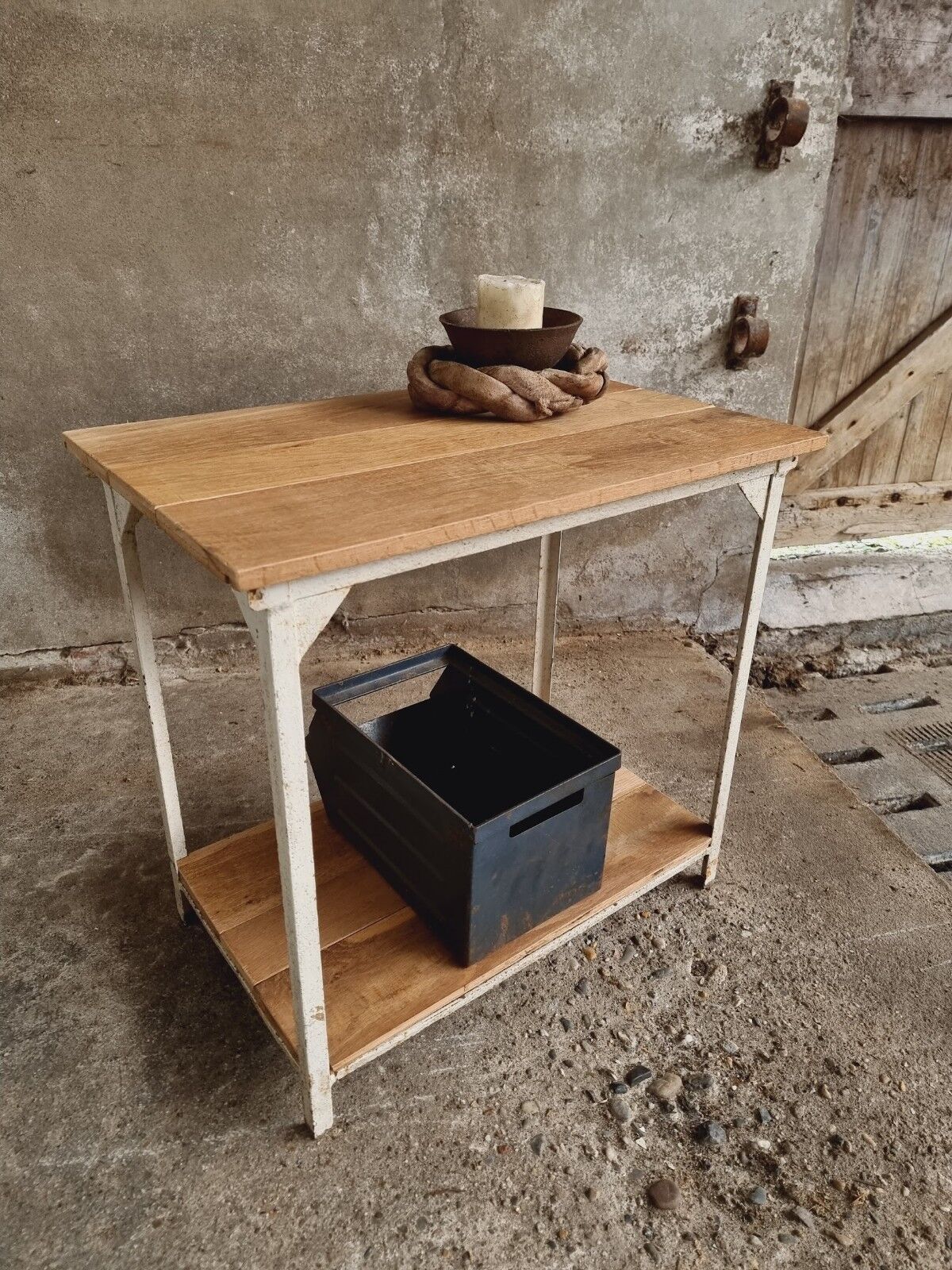Industrial table side table iron with oak