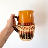 set of carafe and 6 cups in amber glass with wicker from the 70s