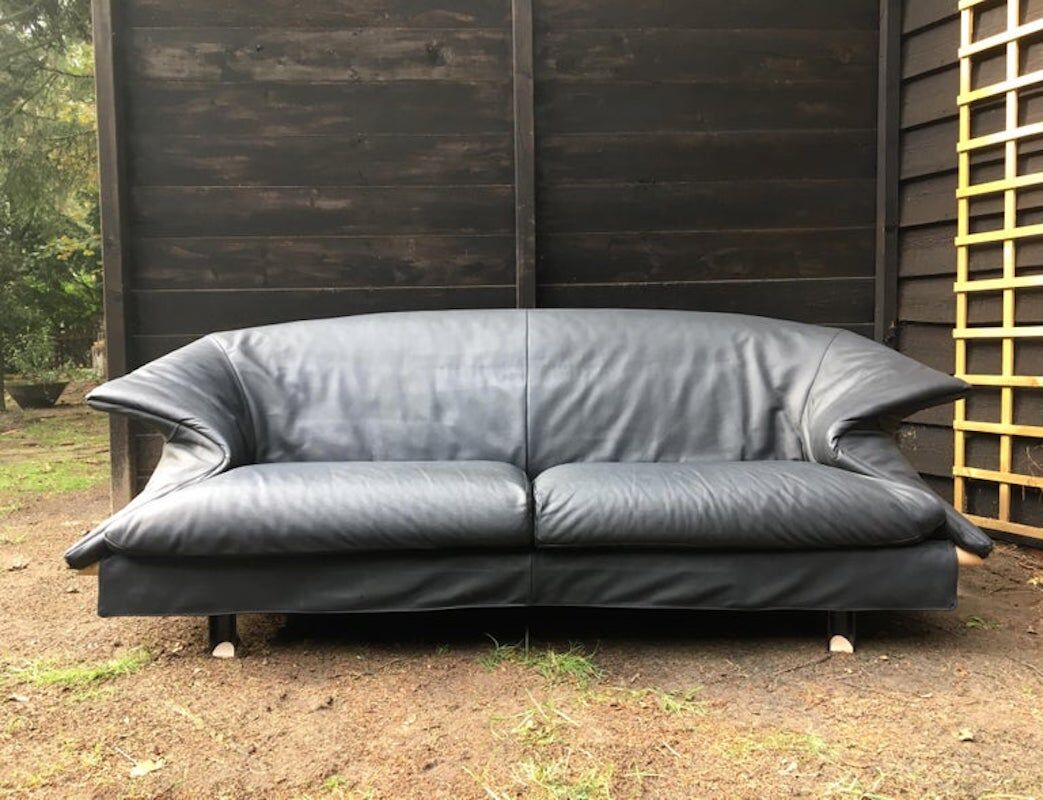 Blue-Grey Leather Sofa by Saporiti, 1980s