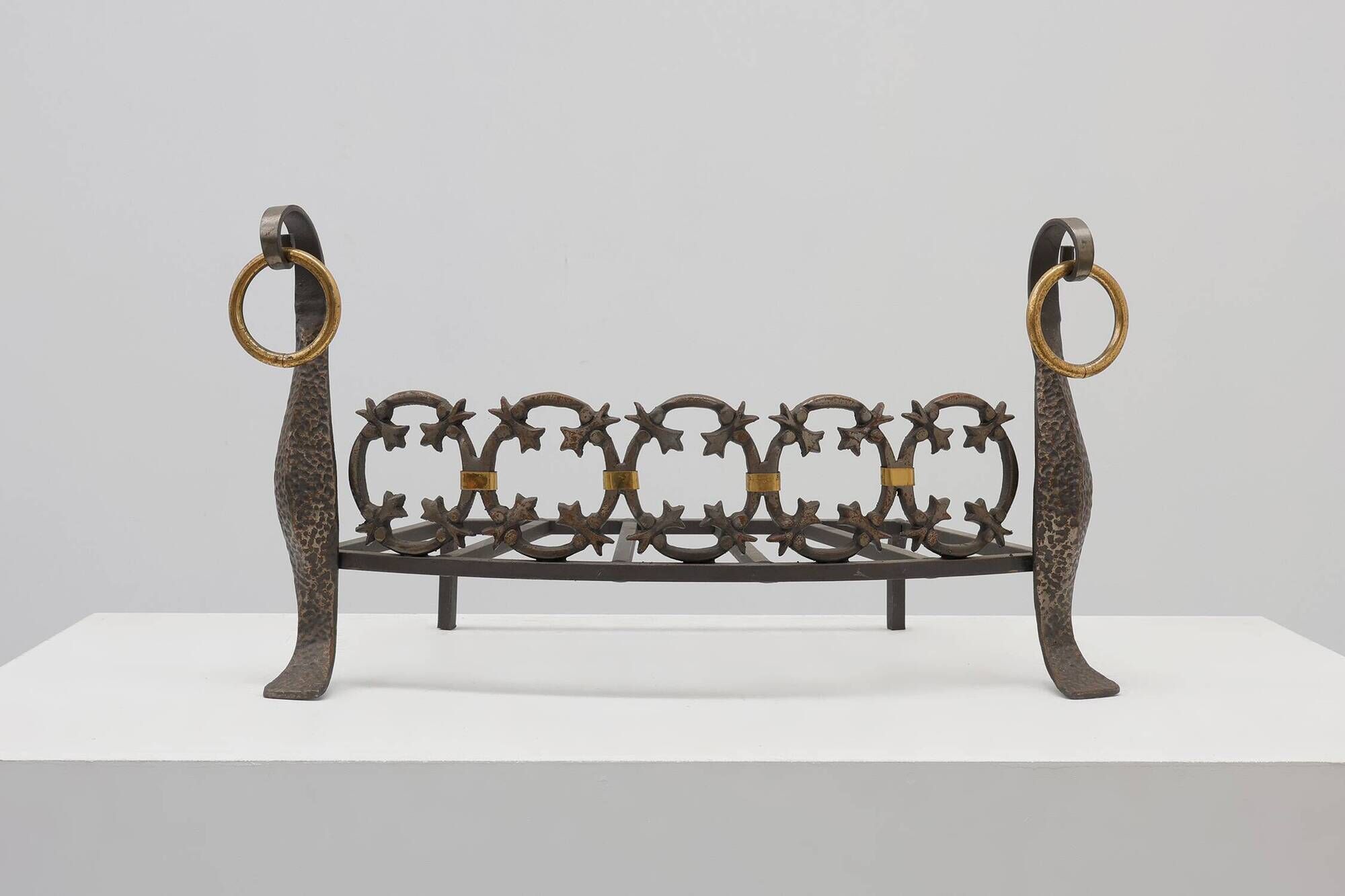 Pair of French Brass Firedogs and Wrought Iron Fireplace Grate, 20th Centur