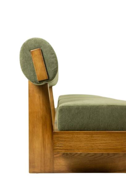 Three-seater bench in light ash and green mohair velvet. Contemporary.