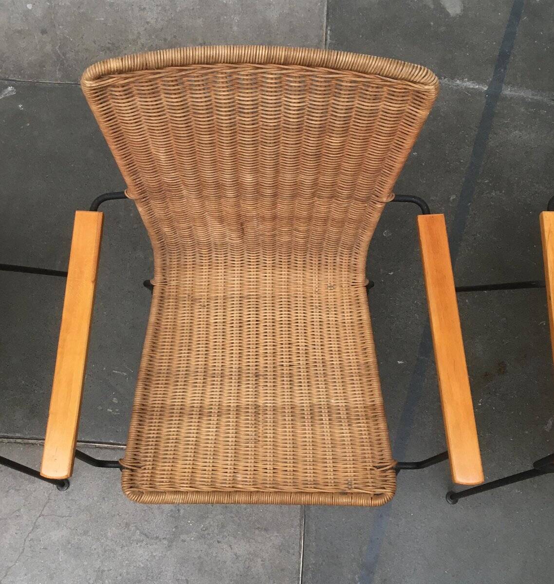 Mid-century metal and rattan dining chairs, set of 3.