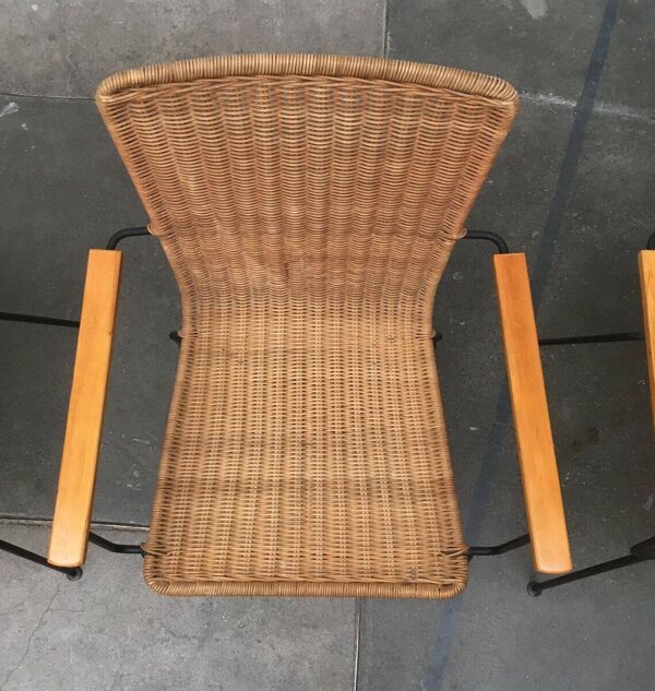 Chaises à manger en métal et rotin style milieu du siècle, lot de 3