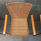 Mid-century metal and rattan dining chairs, set of 3.