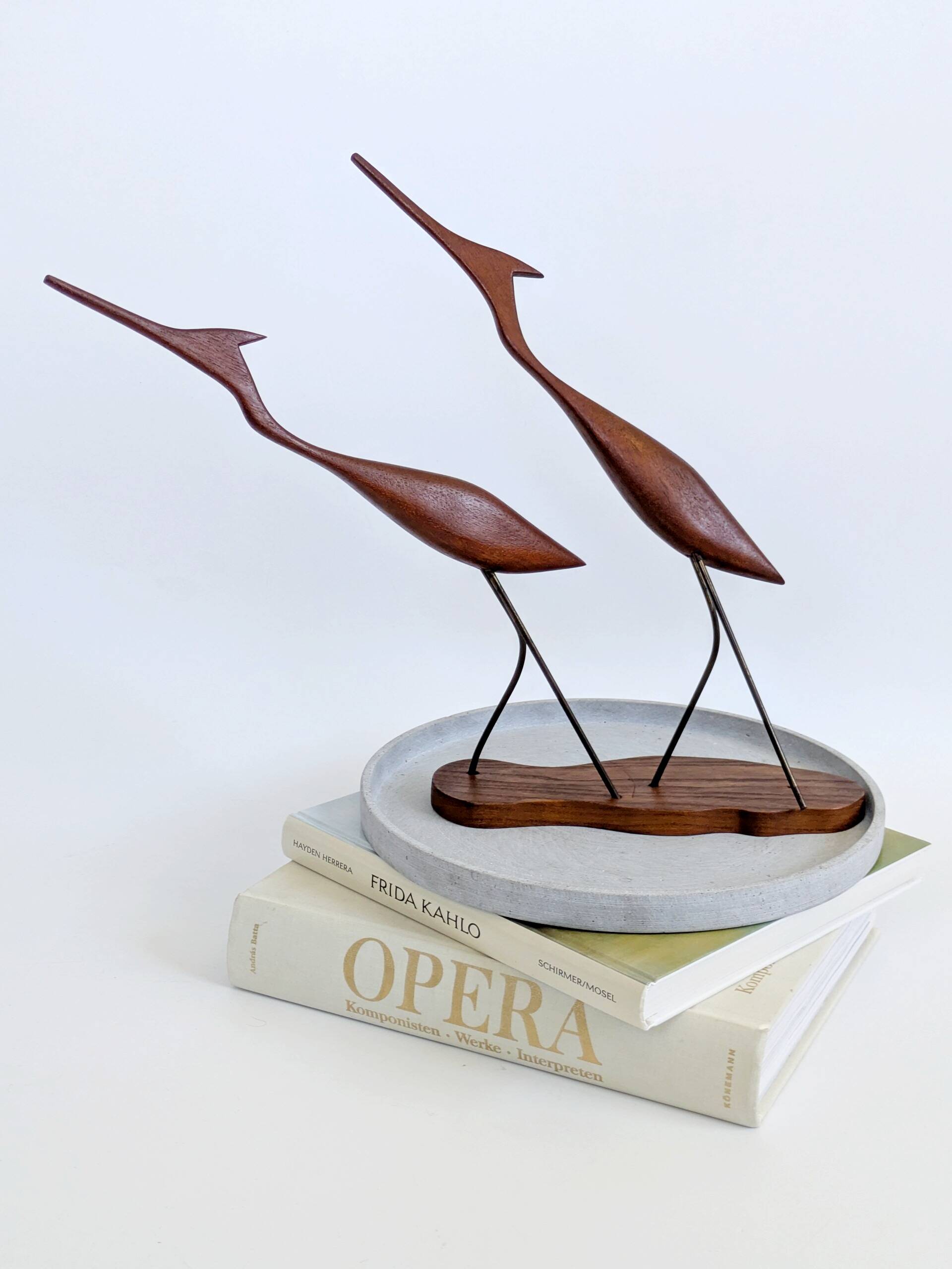 Scandinavian modernist sculpture cranes in teak.