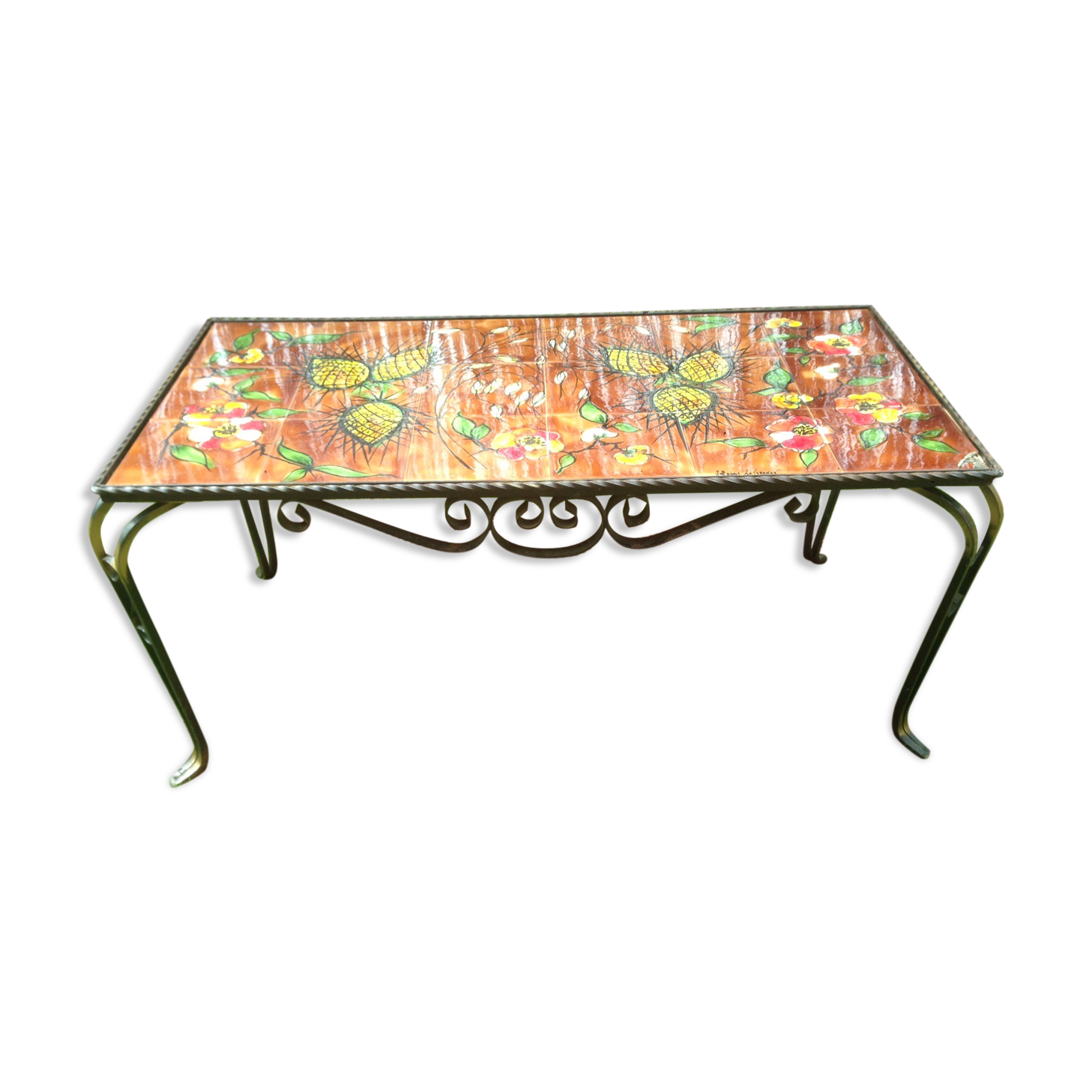 Vallauris wrought iron and ceramic coffee table by La Grange.