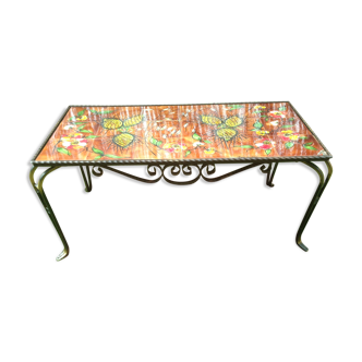 Vallauris wrought iron and ceramic coffee table by La Grange.