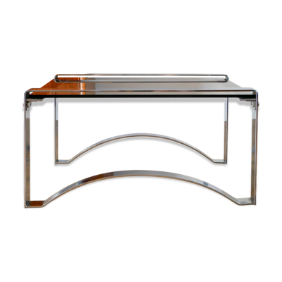 Table basse rectangulaire Space Age en chrome et verre fumé, pieds arqués, 1970